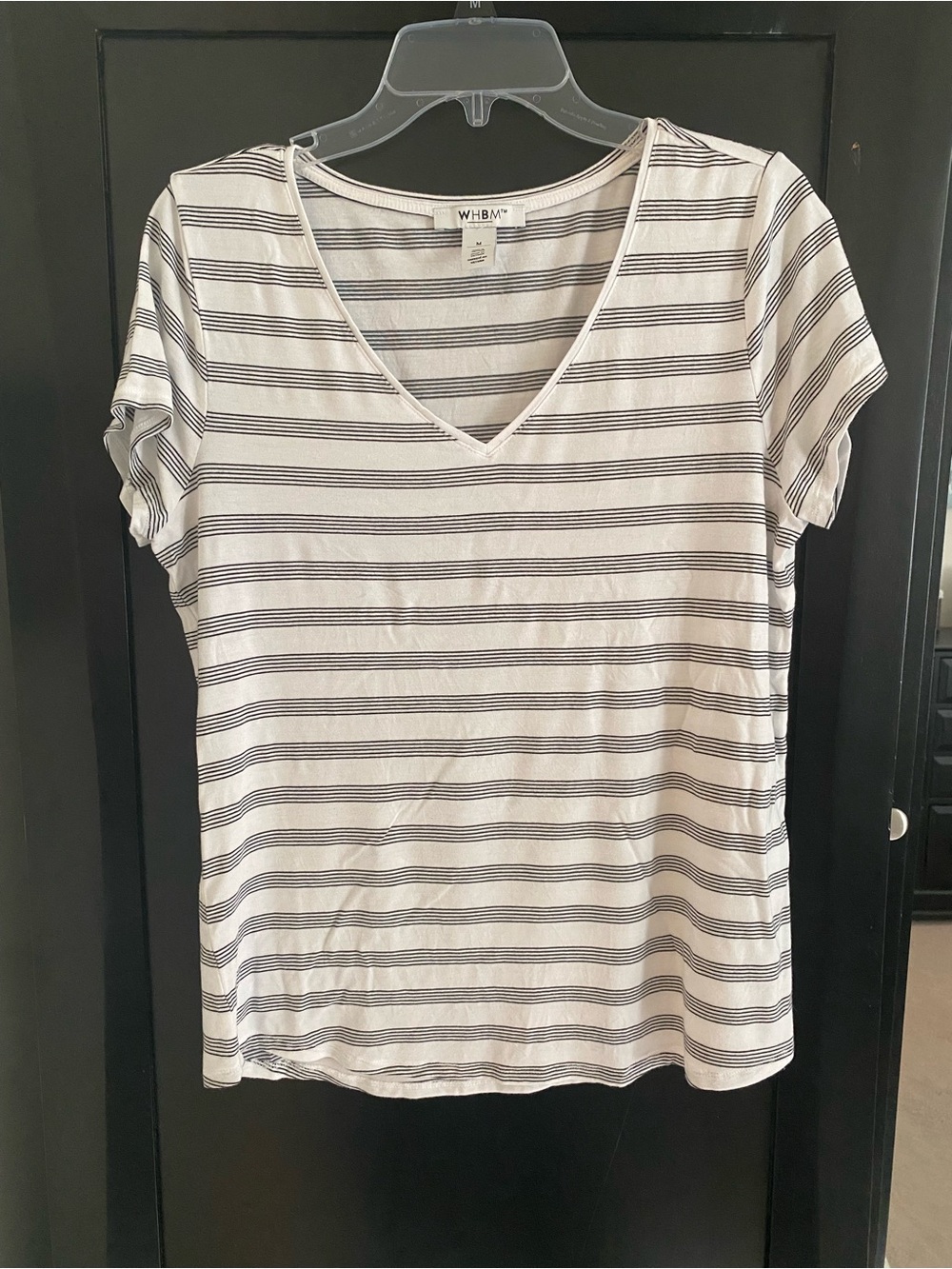 White House Black Market White and Black Striped V-Neck Short Sleeve Tee